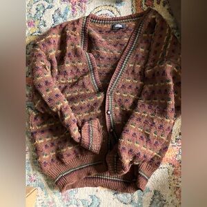 Brown 100% Wool Multicolor Cardigan Sweater